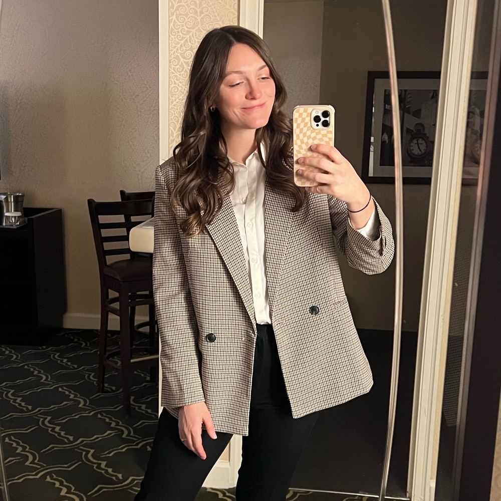 Mango Black and White Checkered Blazer